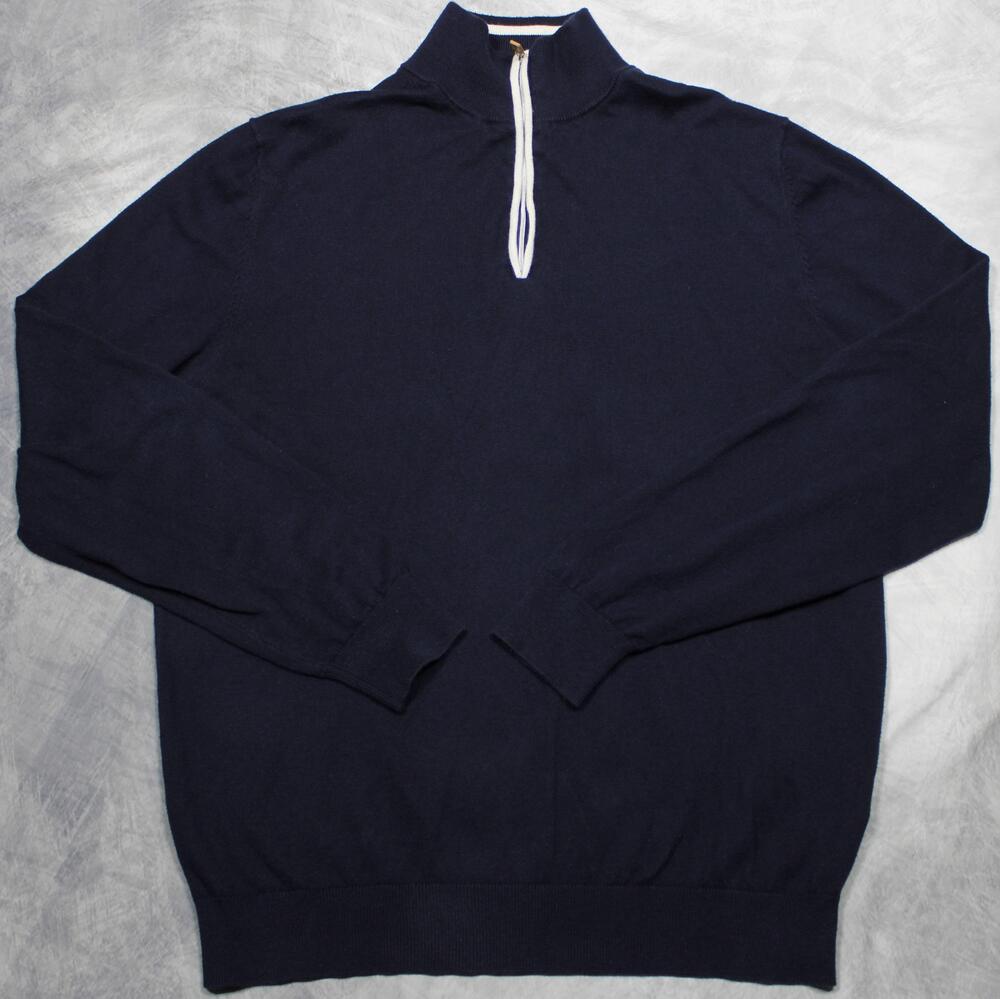 Collars & Co. Sweater Mens Large Blue Cotton Cashmere Quarter Zip Mock Neck